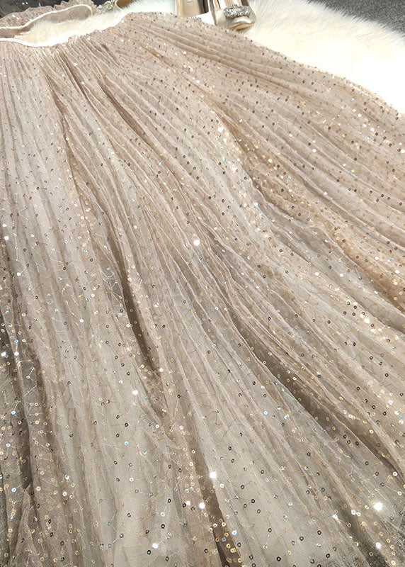 Khaki Embroideried Sequins Tulle a Line Skirt Spring