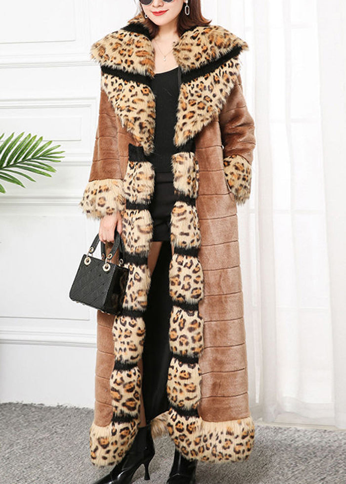 Khaki Fox Collar Patchwork Leopard Faux Fur Coat Winter