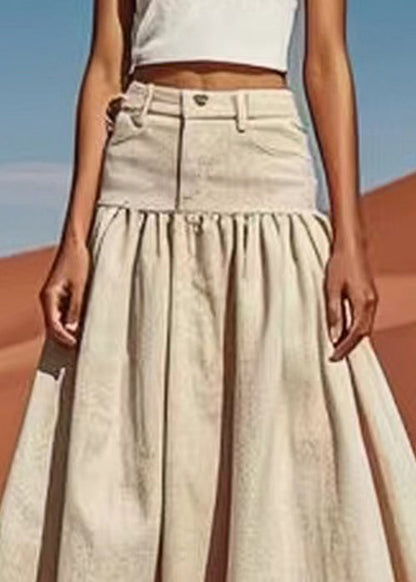 Khaki High Waist Patchwork Linen Skirts Summer