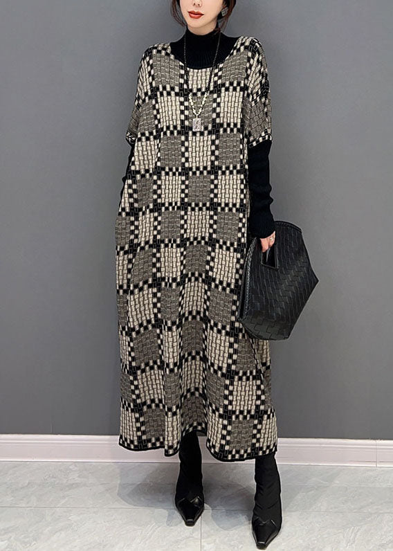 Khaki Hign Neck Plaid Knit Maxi Dresses Winter