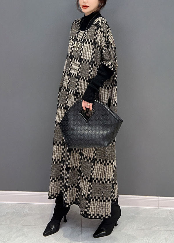 Khaki Hign Neck Plaid Knit Maxi Dresses Winter
