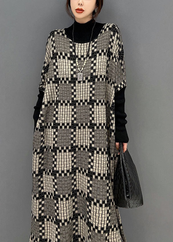 Khaki Hign Neck Plaid Knit Maxi Dresses Winter