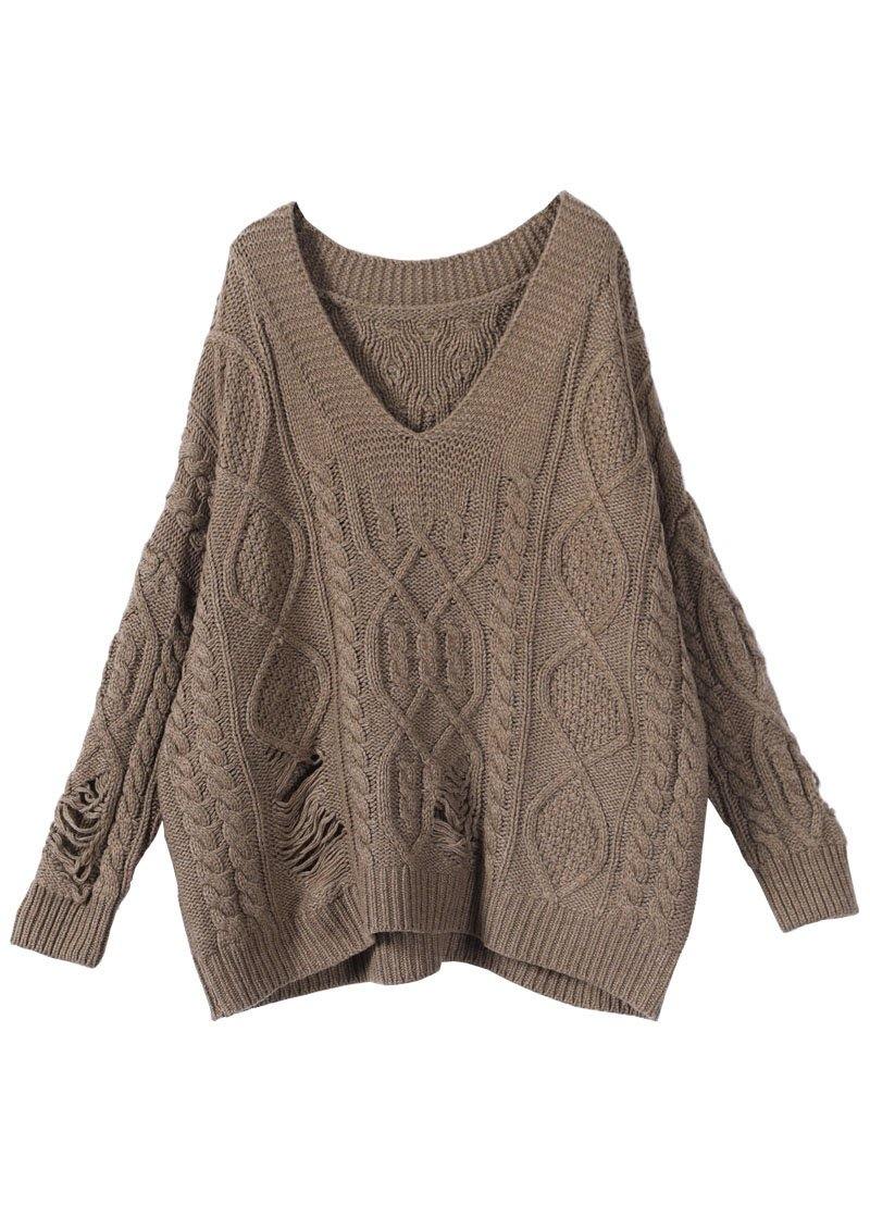 Khaki Hole V Neck Fall Cozy Sweater
