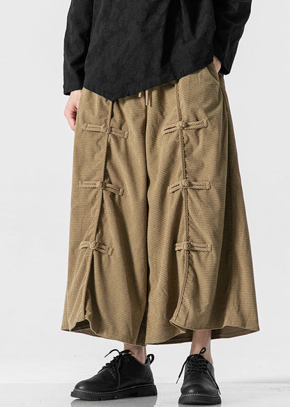 Khaki Lace Up Elastic Waist Cotton Wide Leg Pants Summer