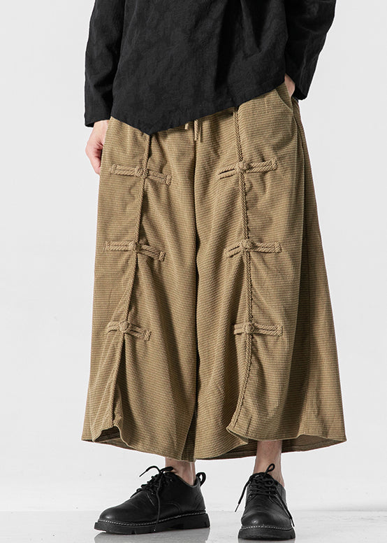 Khaki Lace Up Elastic Waist Cotton Wide Leg Pants Summer