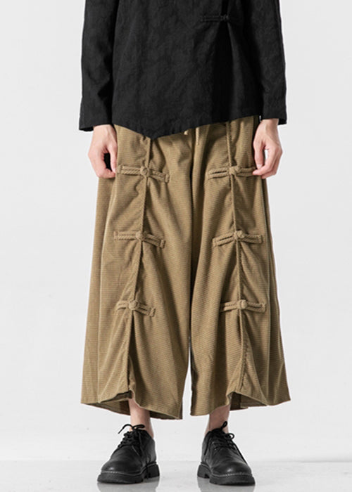 Khaki Lace Up Elastic Waist Cotton Wide Leg Pants Summer