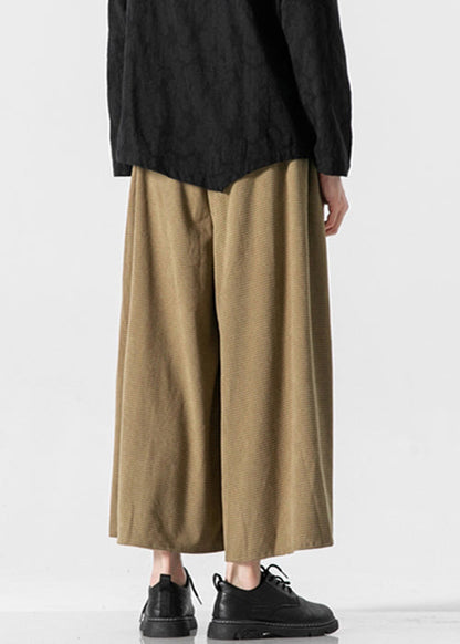 Khaki Lace Up Elastic Waist Cotton Wide Leg Pants Summer