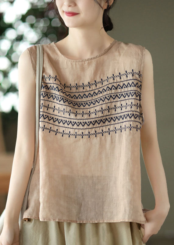 Khaki Low High Design Linen Beach Tanks Sleeveless