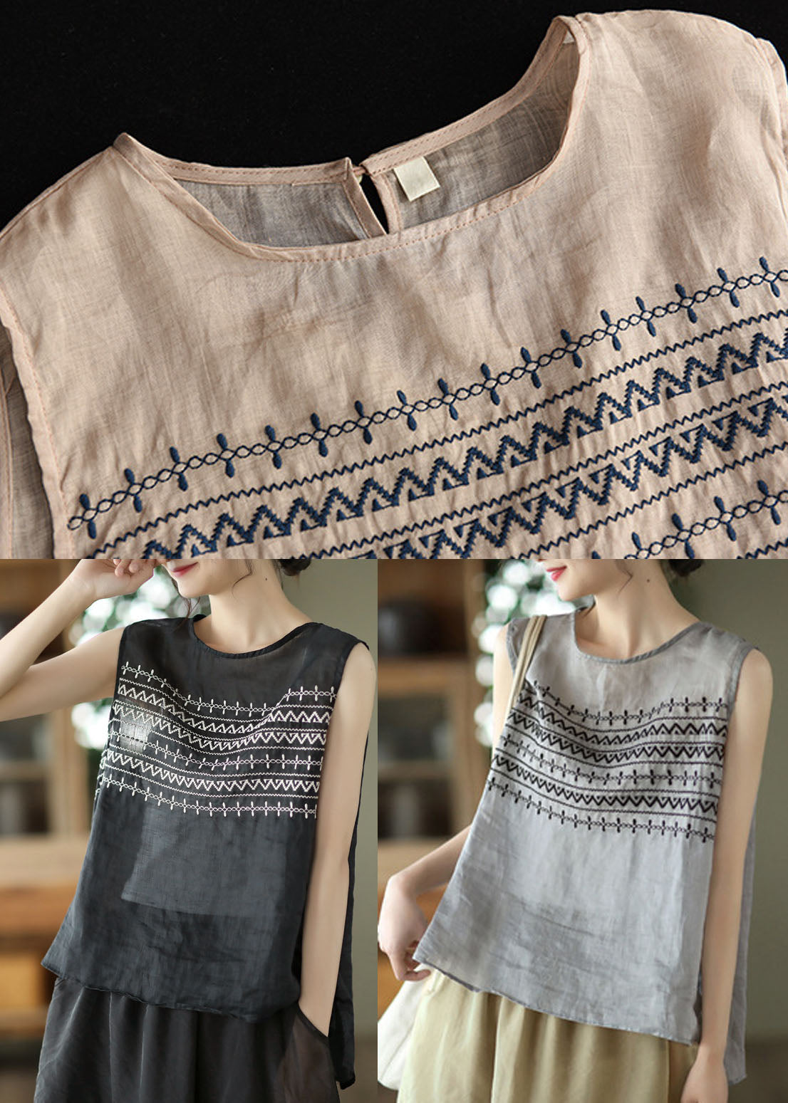 Khaki Low High Design Linen Beach Tanks Sleeveless