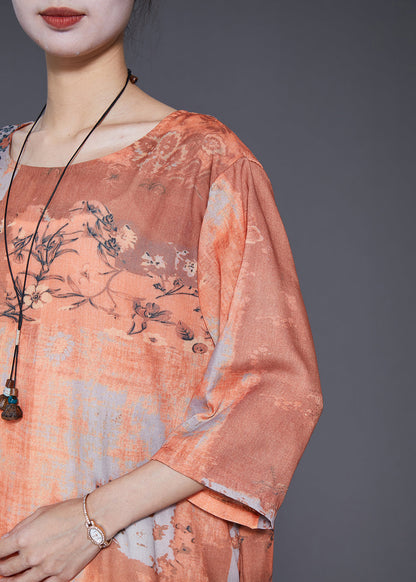 Khaki O-neck Patchwork Print Linen Vacation Dresses Bracelet Sleeve