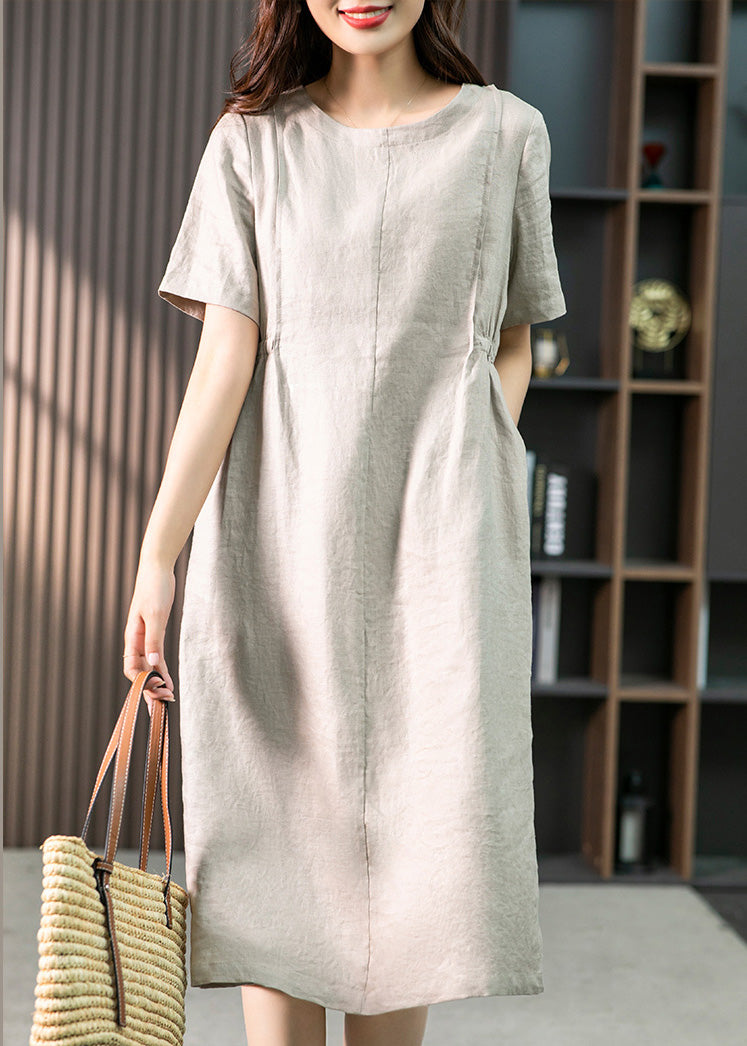 Khaki O-neck Patchwork Wrinkled Linen Long Dresses Summer