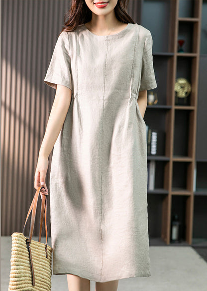 Khaki O-neck Patchwork Wrinkled Linen Long Dresses Summer