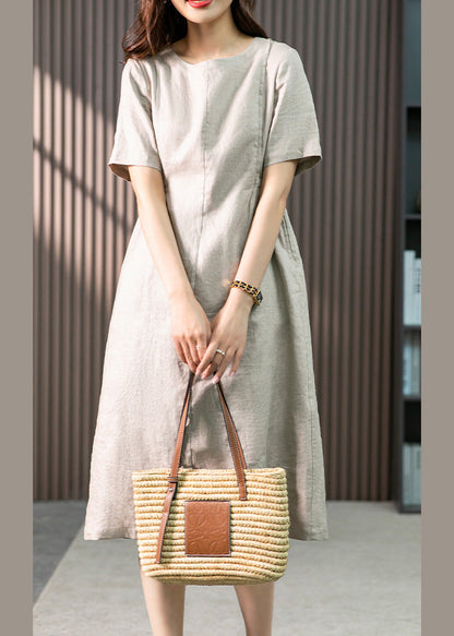 Khaki O-neck Patchwork Wrinkled Linen Long Dresses Summer