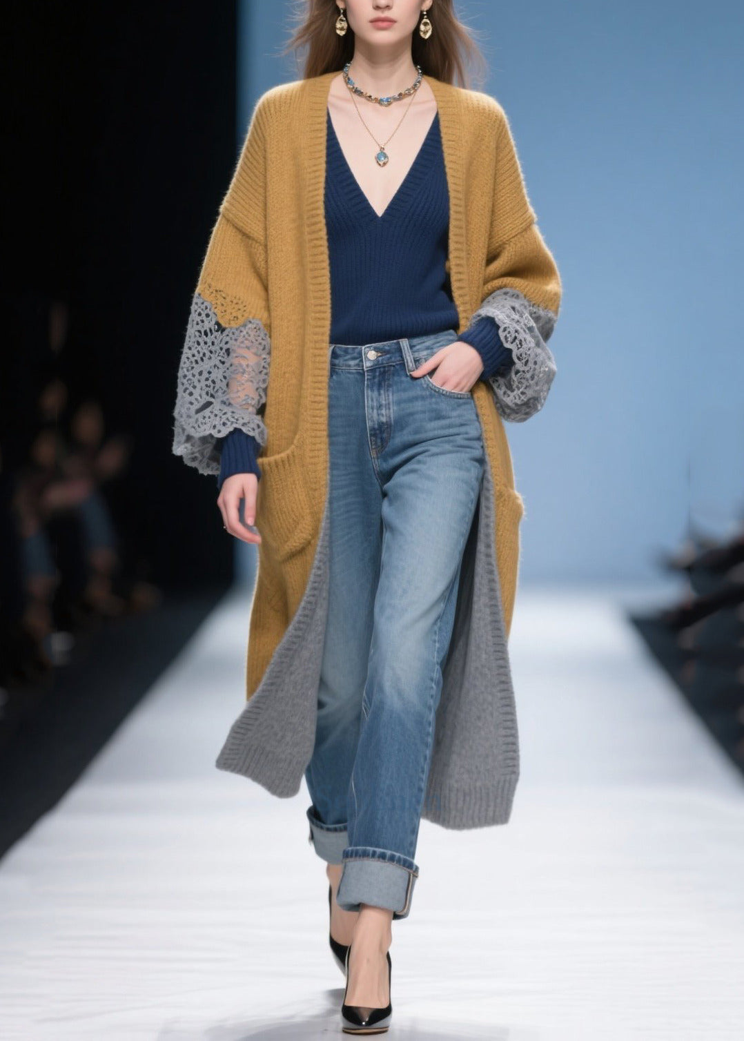 Khaki Oversized Patchwork Lace Long Cardigans Winter