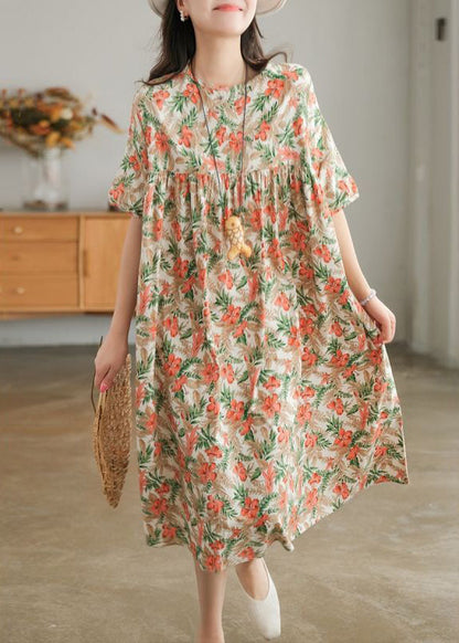 Khaki Oversized Print Cotton a Line Dresses Short Sleeve