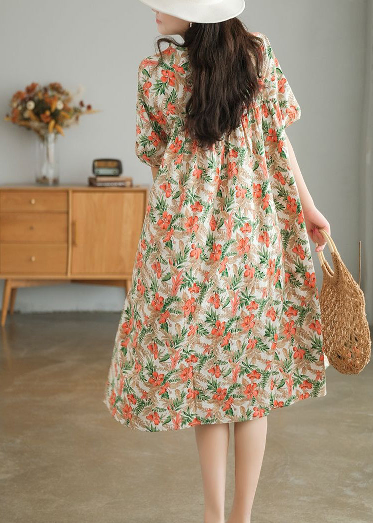 Khaki Oversized Print Cotton a Line Dresses Short Sleeve