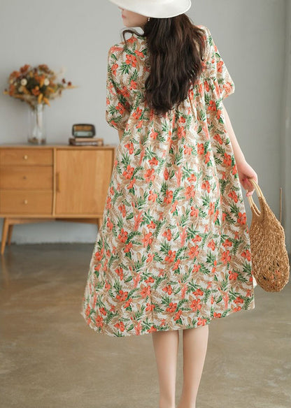 Khaki Oversized Print Cotton a Line Dresses Short Sleeve