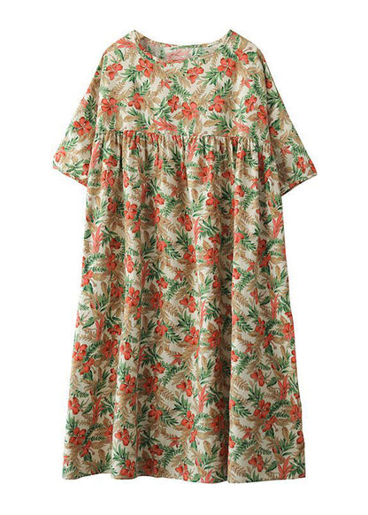 Khaki Oversized Print Cotton a Line Dresses Short Sleeve