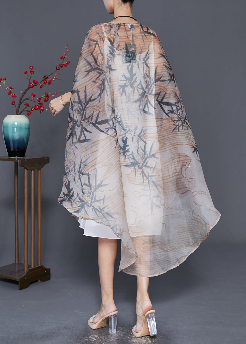 Khaki Oversized Print Tulle Dress Cloak Sleeves