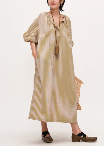 Khaki Oversized Striped Linen Maxi Dresses Bracelet Sleeve