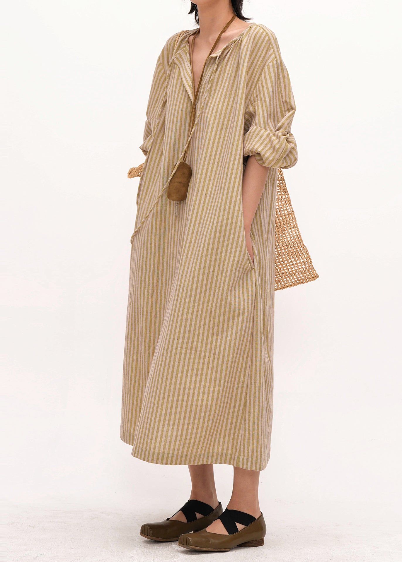 Khaki Oversized Striped Linen Maxi Dresses Bracelet Sleeve