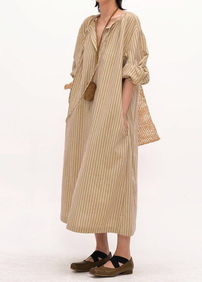 Khaki Oversized Striped Linen Maxi Dresses Bracelet Sleeve
