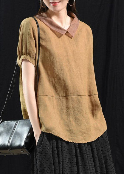 Green Patchwork Turn-down Collar Summer Short Sleeve Top