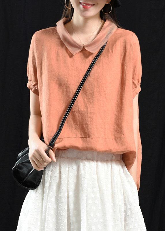 Khaki-red Flower Patchwork Turn-down Collar Summer Short Sleeve Top