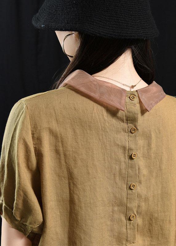 Khaki Patchwork Turn-down Collar Summer Short Sleeve Top