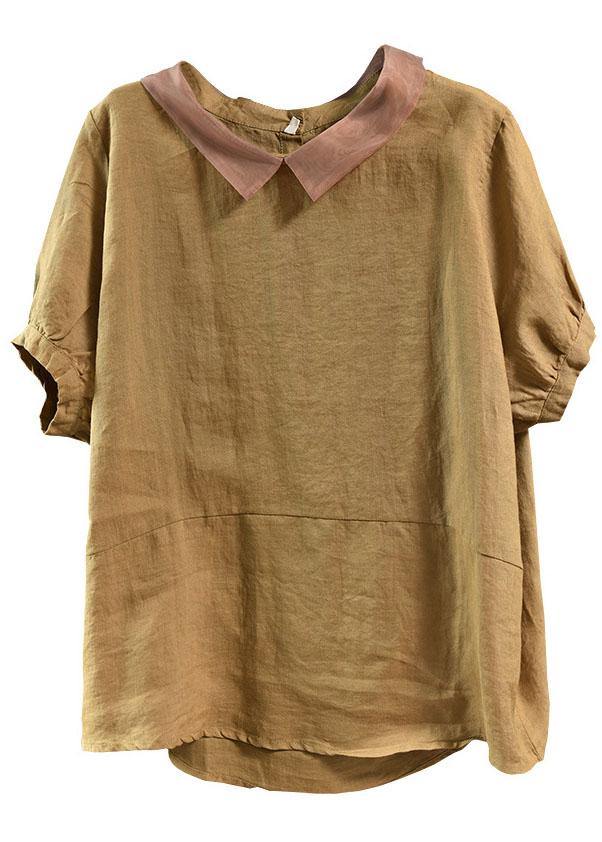 Mulberry Patchwork Turn-down Collar Summer Linen Shirt Top