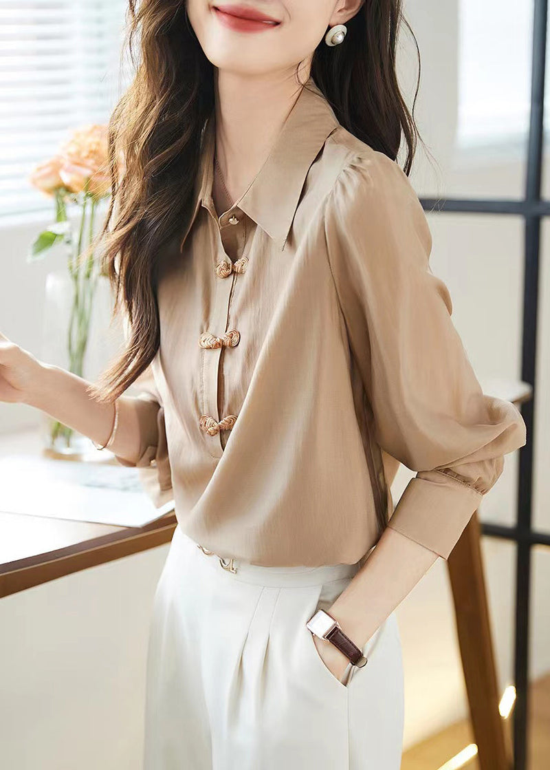 Khaki Peter Pan Collar Chinese Button Cotton Tops Fall