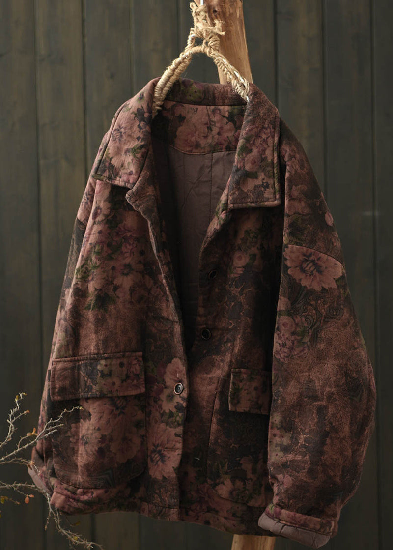 Khaki Peter Pan Collar Print Fine Cotton Filled Jacket Spring