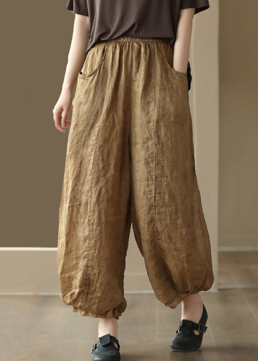 Khaki Pockets Elastic Waist Linen Crop Pants Summer