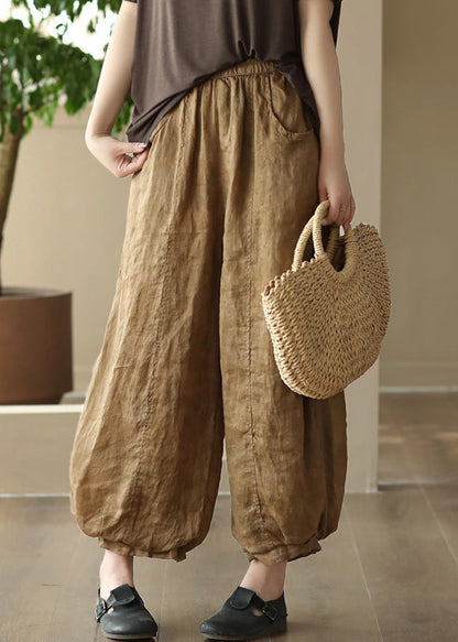 Khaki Pockets Elastic Waist Linen Crop Pants Summer