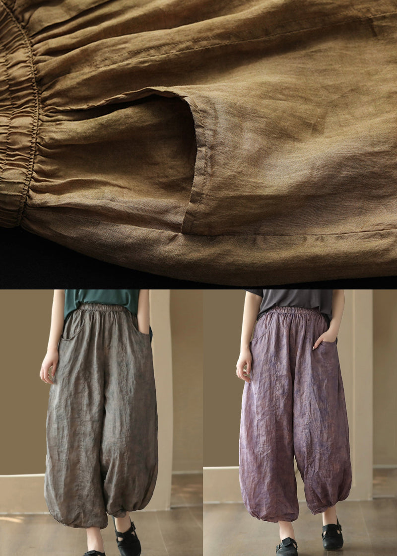 Khaki Pockets Elastic Waist Linen Crop Pants Summer