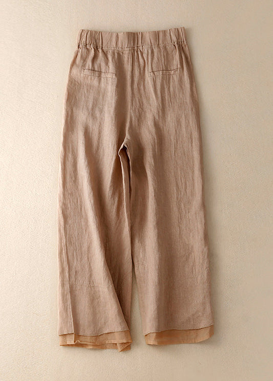 Khaki Pockets Elastic Waist Linen Crop Pants Summer