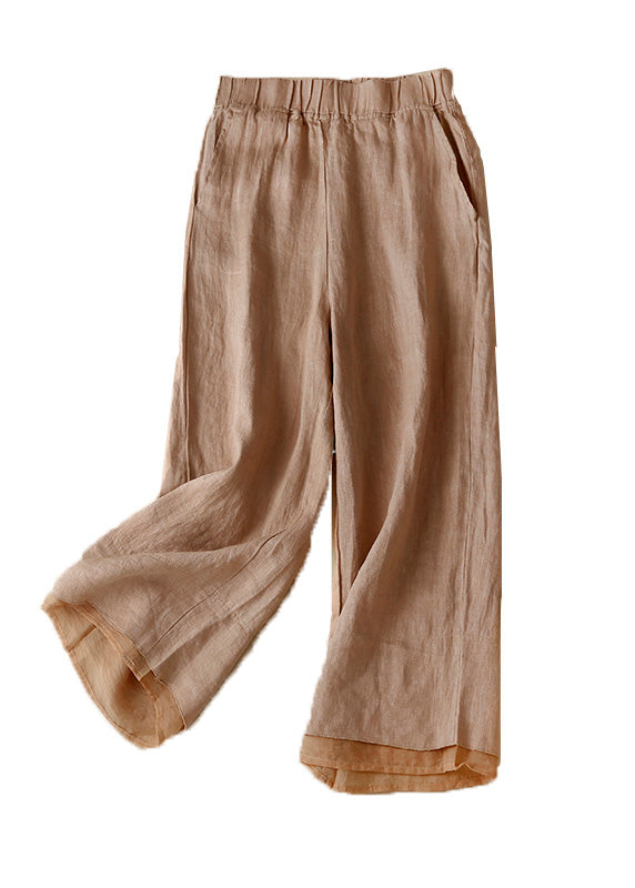 Khaki Pockets Elastic Waist Linen Crop Pants Summer