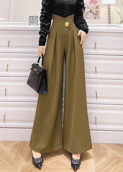 Khaki Pockets High Waist Patchwork Spandex Wide Leg Pants Fall