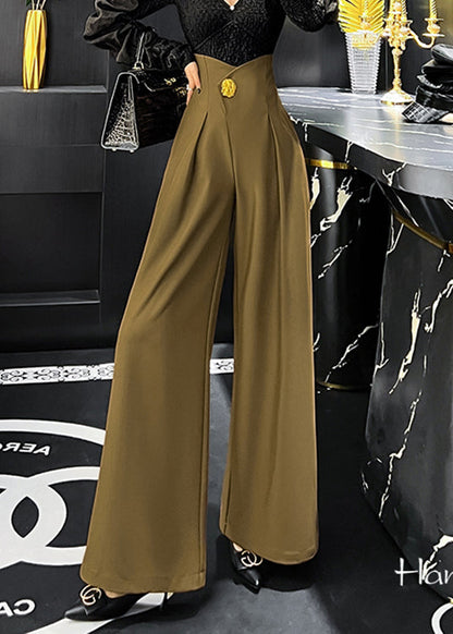 Khaki Pockets High Waist Patchwork Spandex Wide Leg Pants Fall