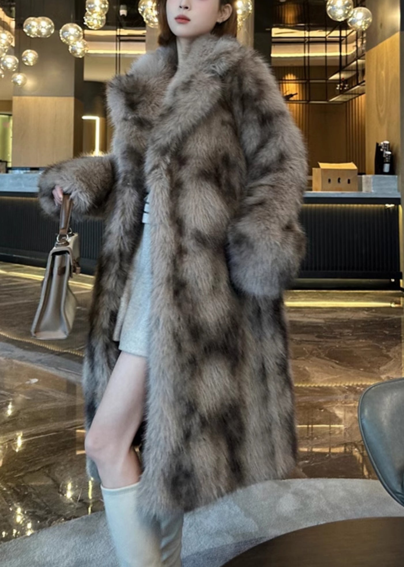 Khaki Pockets Print Leather and Fur Long Coats Spring