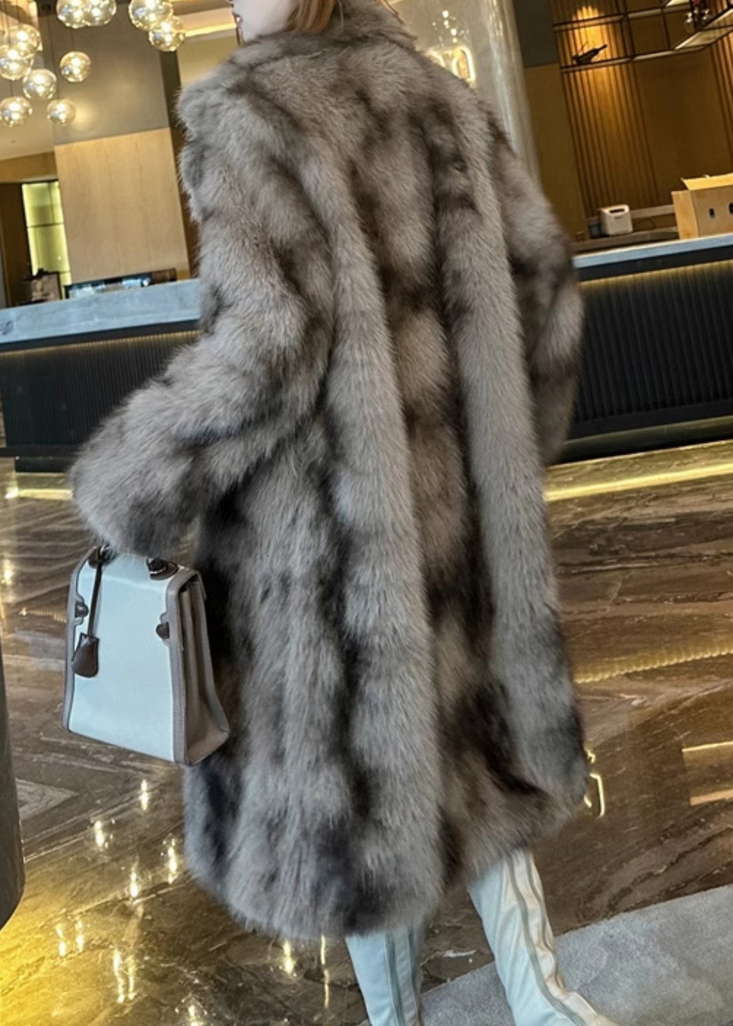Khaki Pockets Print Leather and Fur Long Coats Spring