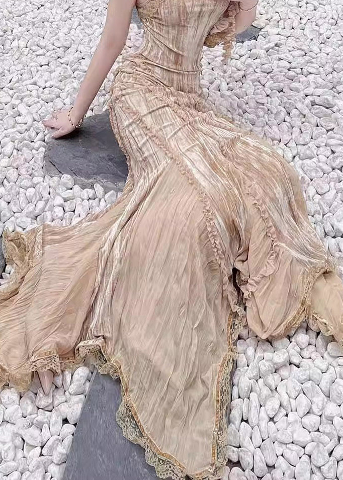 Khaki Ruffled Asymmetrical Design Chiffon Spaghetti Strap Dress Summer