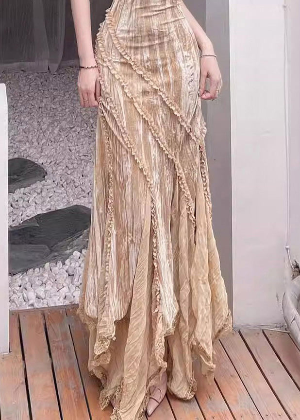 Khaki Ruffled Asymmetrical Design Chiffon Spaghetti Strap Dress Summer