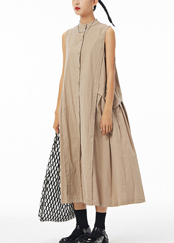 Khaki Stand Collar Patchwork Maxi Shirt Dress Summer