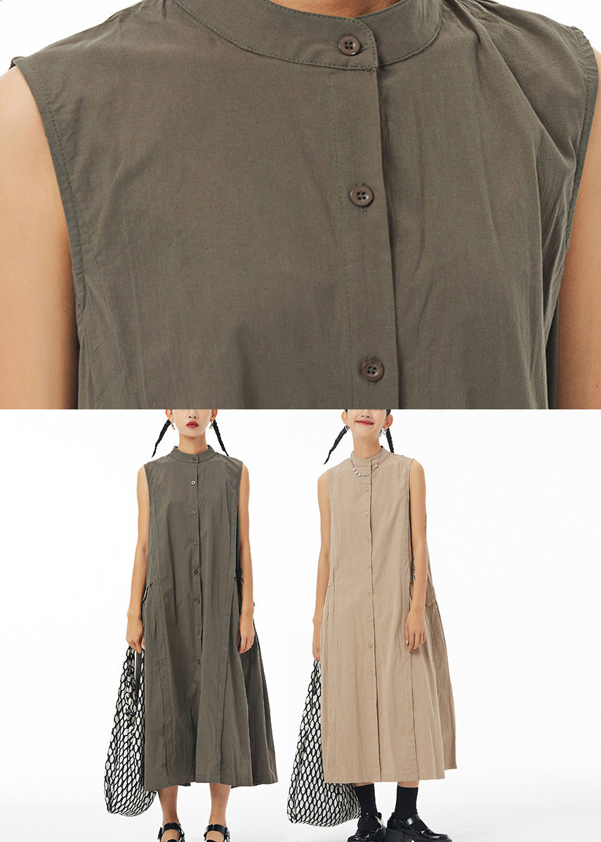 Khaki Stand Collar Patchwork Maxi Shirt Dress Summer