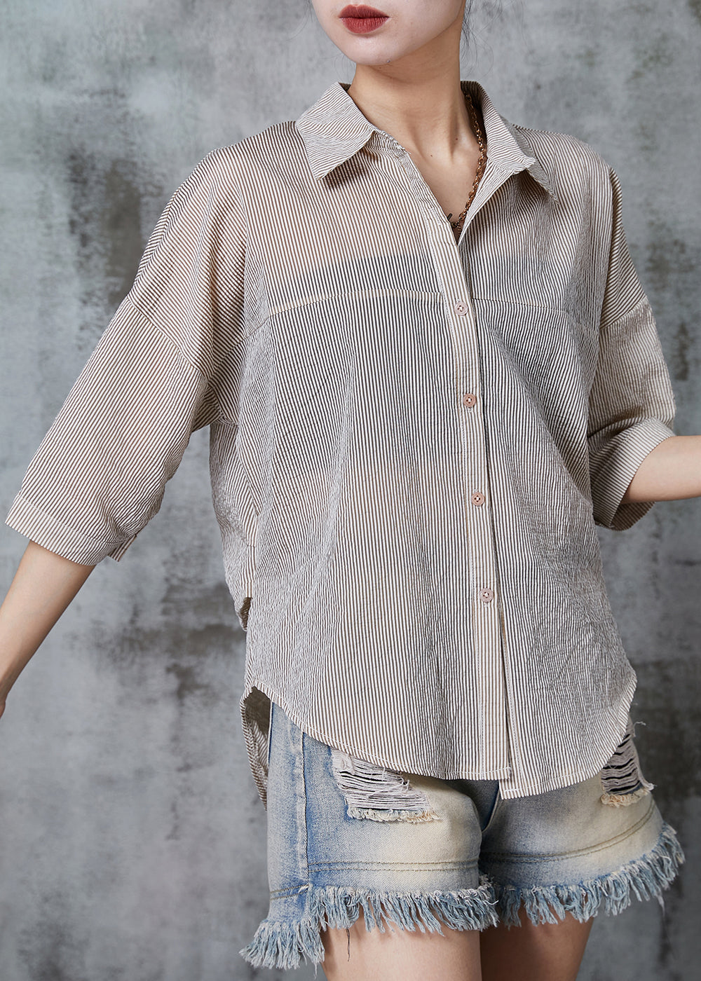 Khaki Striped Wrinkled Cotton Shirt Tops Summer