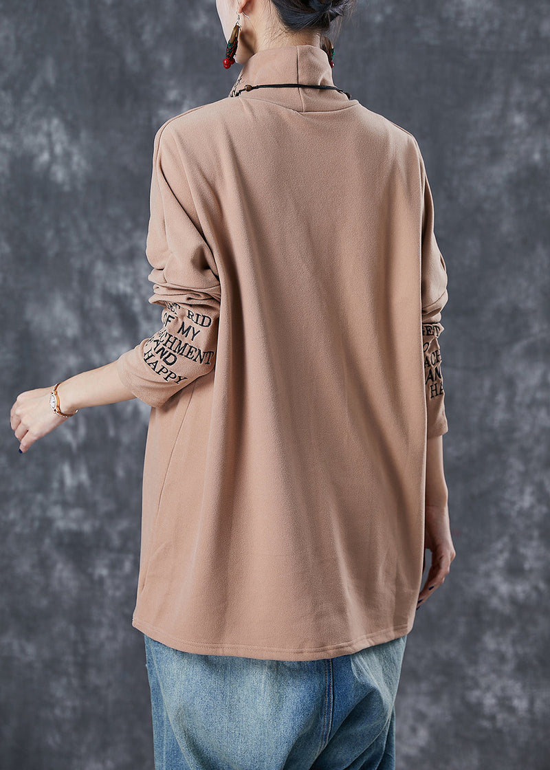 Khaki Turtle Neck Letter Embroidered Velour Tops Fall