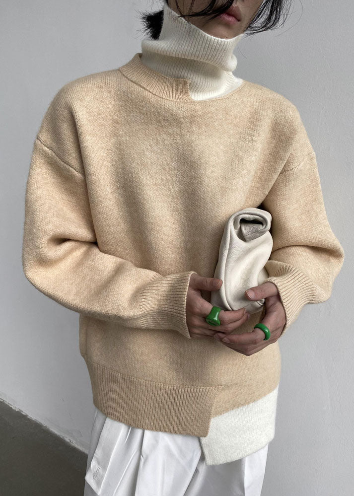 Khaki Turtle Neck Patchwork Oversized Knitted Tops Winter