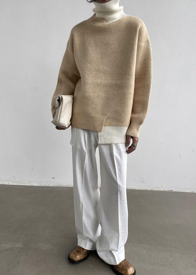Khaki Turtle Neck Patchwork Oversized Knitted Tops Winter