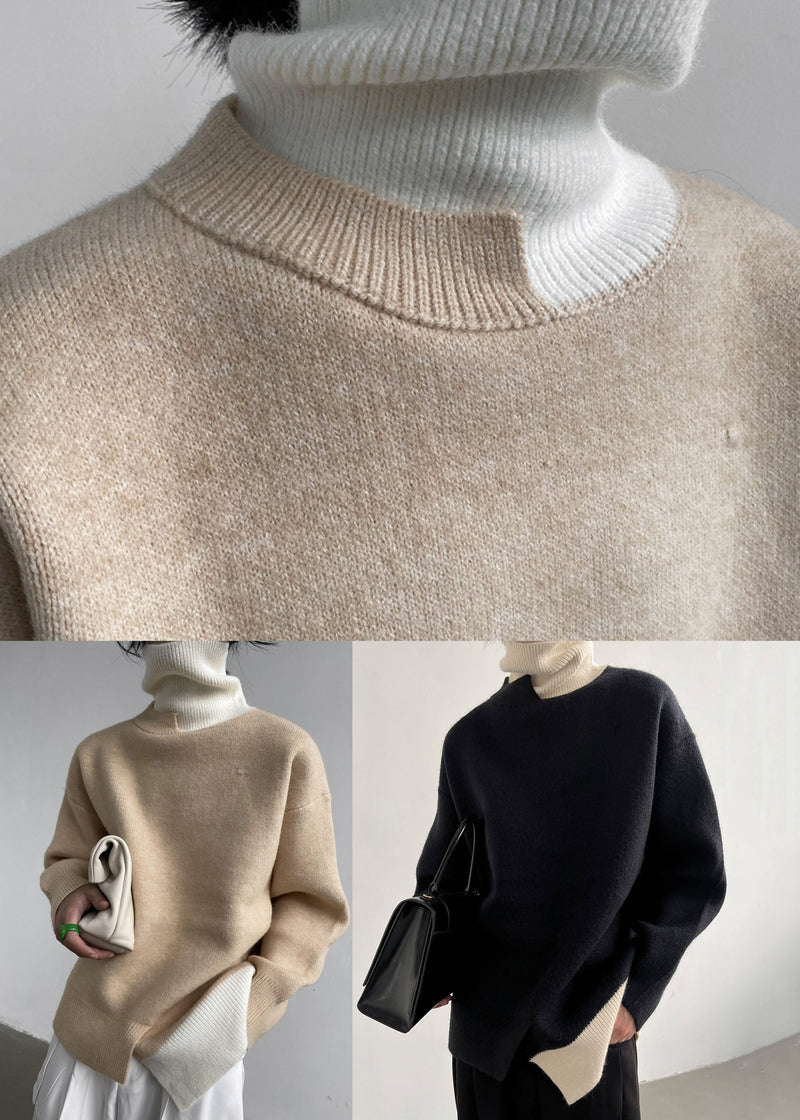 Khaki Turtle Neck Patchwork Oversized Knitted Tops Winter